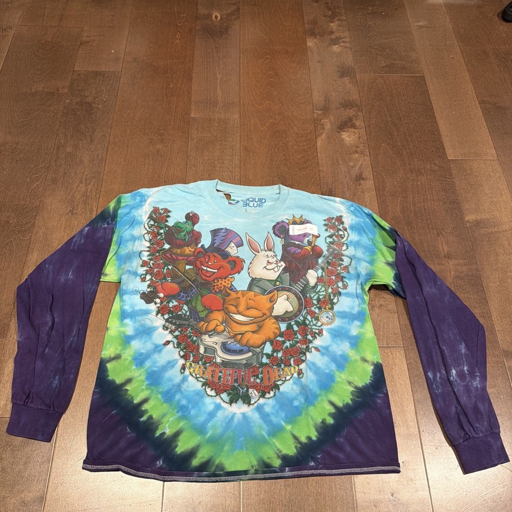 Grateful Dead Long Sleeve Tie Dye Shirt Mens Large Liquid Blue Holes Neck Area